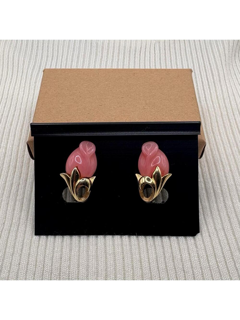 Vintage Jones New York Pink Tulip Clip On Earrings Gold Tone